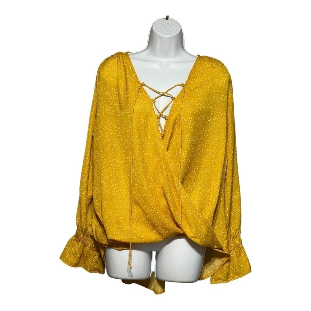Umgee Yellow White Mini Polka Dot Wrap Blouse Size Small
